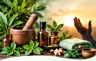 Herbs, a mortar and pestle and bottled wellness products in warm light