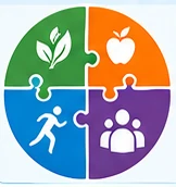 Four interlocking puzzle pieces in green, orange, blue and purple, one for each company